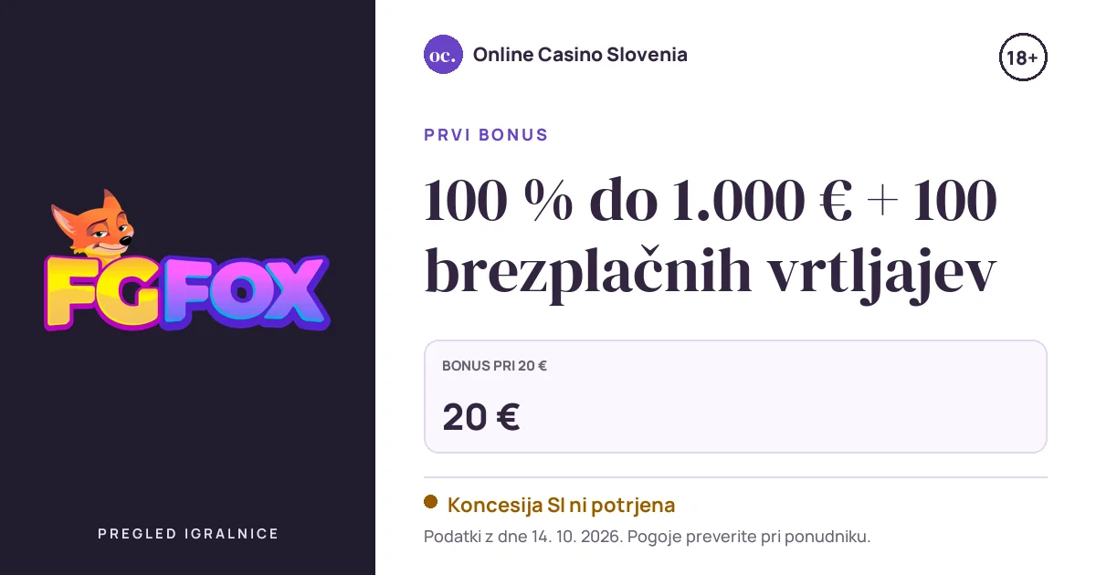 Bonus Fgfox Casino: 100 % do 1.000 € + 100 brezplačnih vrtljajev