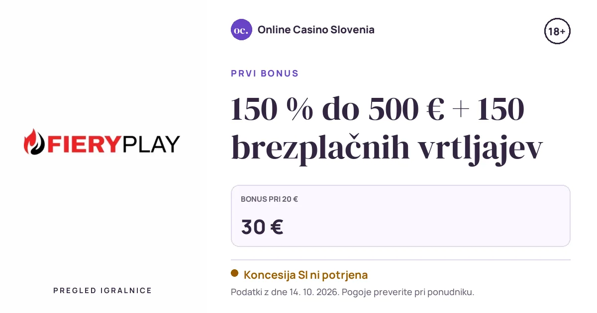 Bonus Fieryplay: 150 % do 500 € + 150 brezplačnih vrtljajev