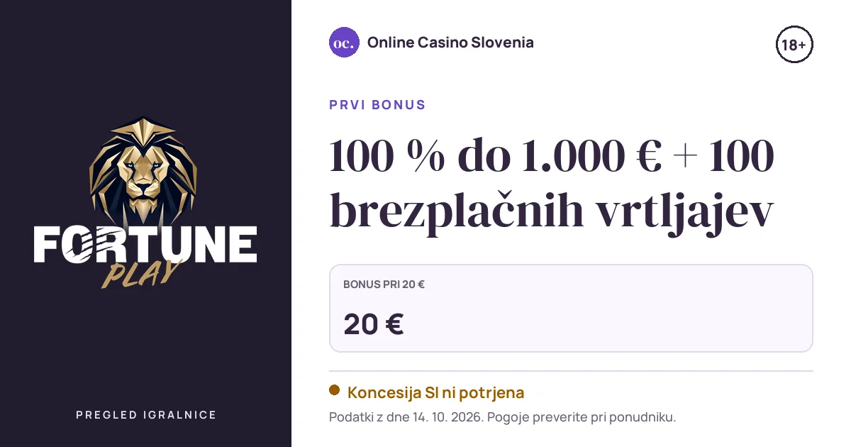 Bonus Fortune Play Casino: 100 % do 1.000 € + 100 brezplačnih vrtljajev
