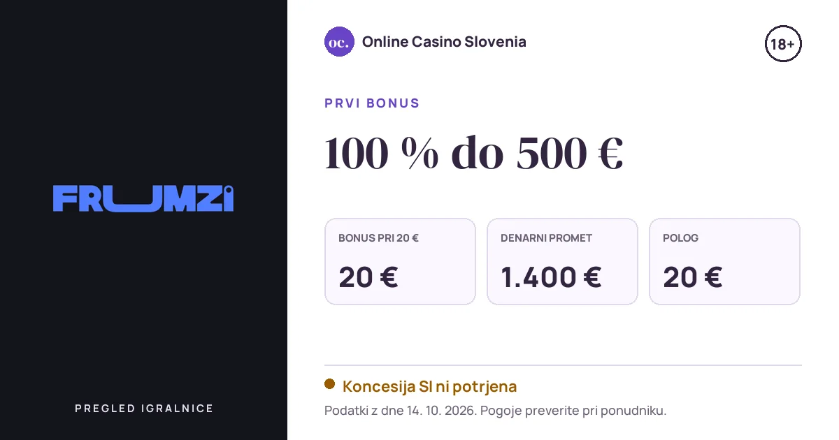 Bonus Frumzi Casino: 100 % do 500 €, polog 20 €, odigravanje 35×
