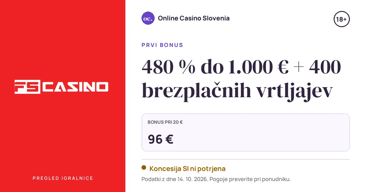 Bonus FS Casino: 480 % do 1.000 € + 400 brezplačnih vrtljajev