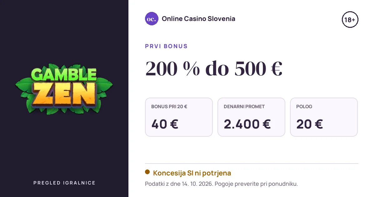 Bonus Gamblezen Casino: 200 % do 500 €, polog 20 €, odigravanje 40×