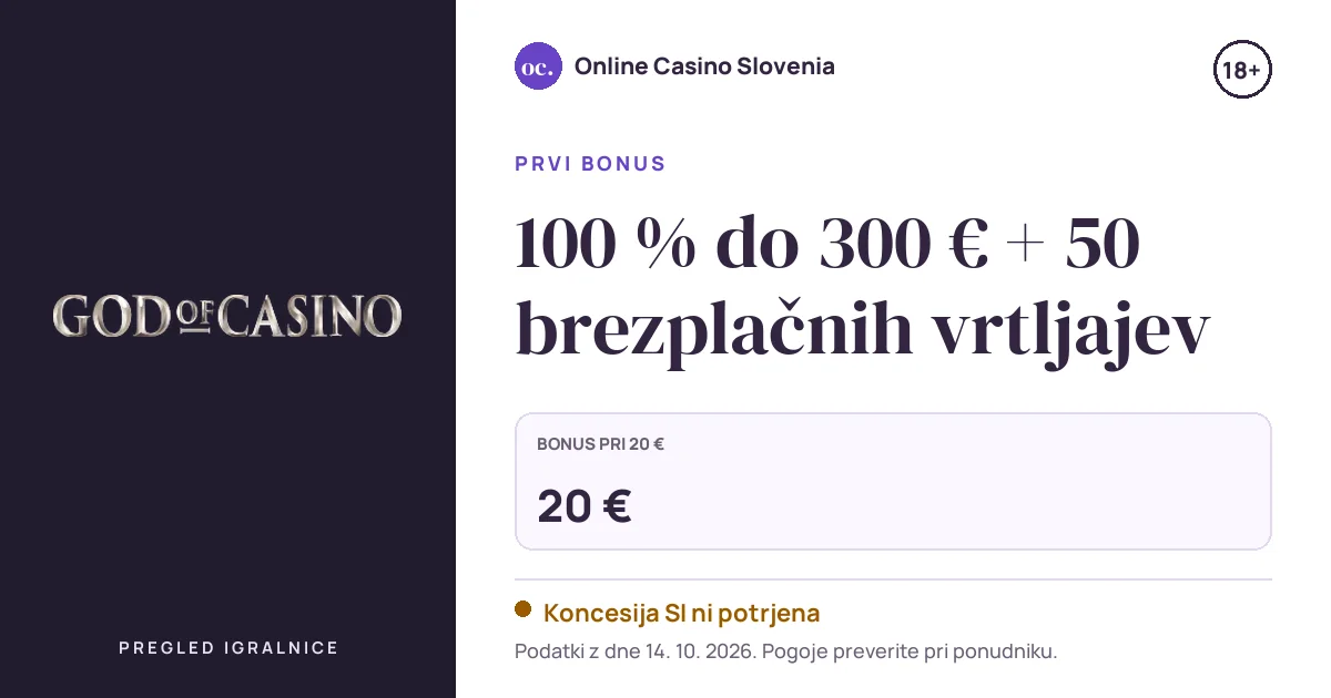 Bonus God of Casino: 100 % do 300 € + 50 brezplačnih vrtljajev