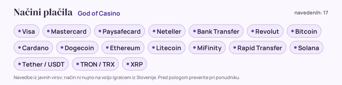 Načini plačila pri God of Casino: Visa, Mastercard, Paysafecard, Neteller, Bank Transfer, Revolut in še 11