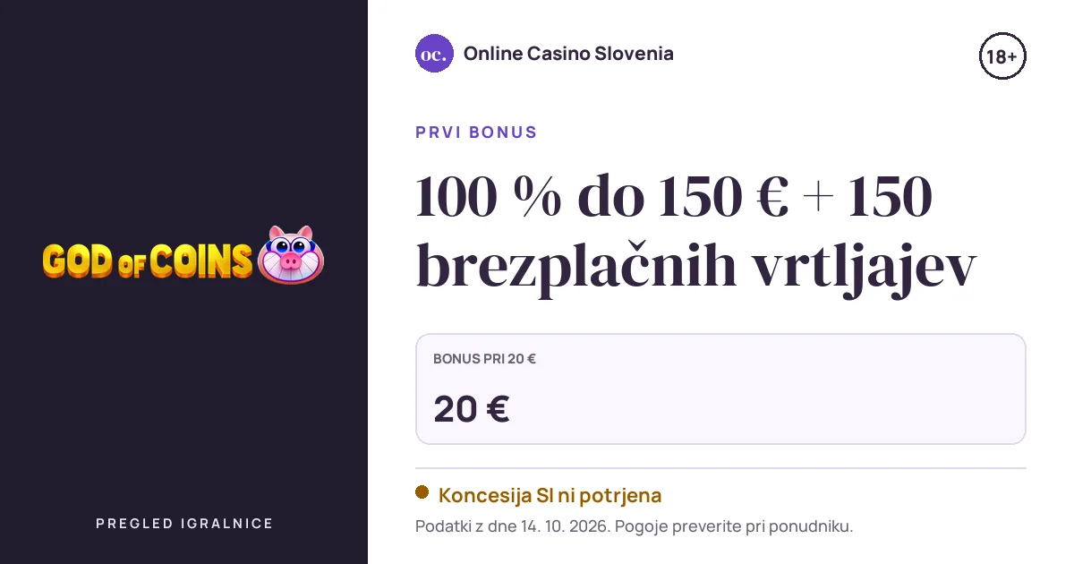 Bonus GodOfCoins Casino: 100 % do 150 € + 150 brezplačnih vrtljajev