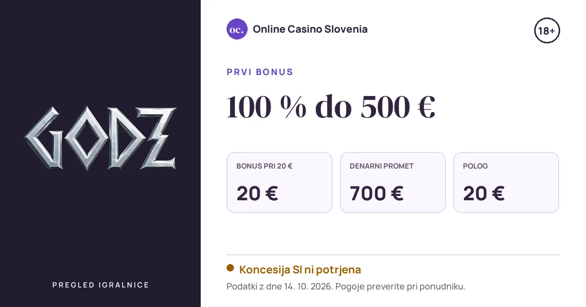 Bonus Godz Casino: 100 % do 500 €, polog 20 €, odigravanje 35×