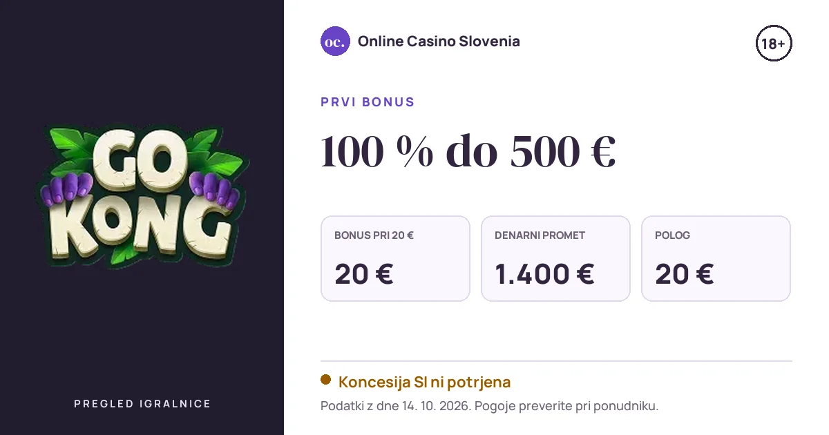 Bonus Gokong Casino: 100 % do 500 €, polog 20 €, odigravanje 35×
