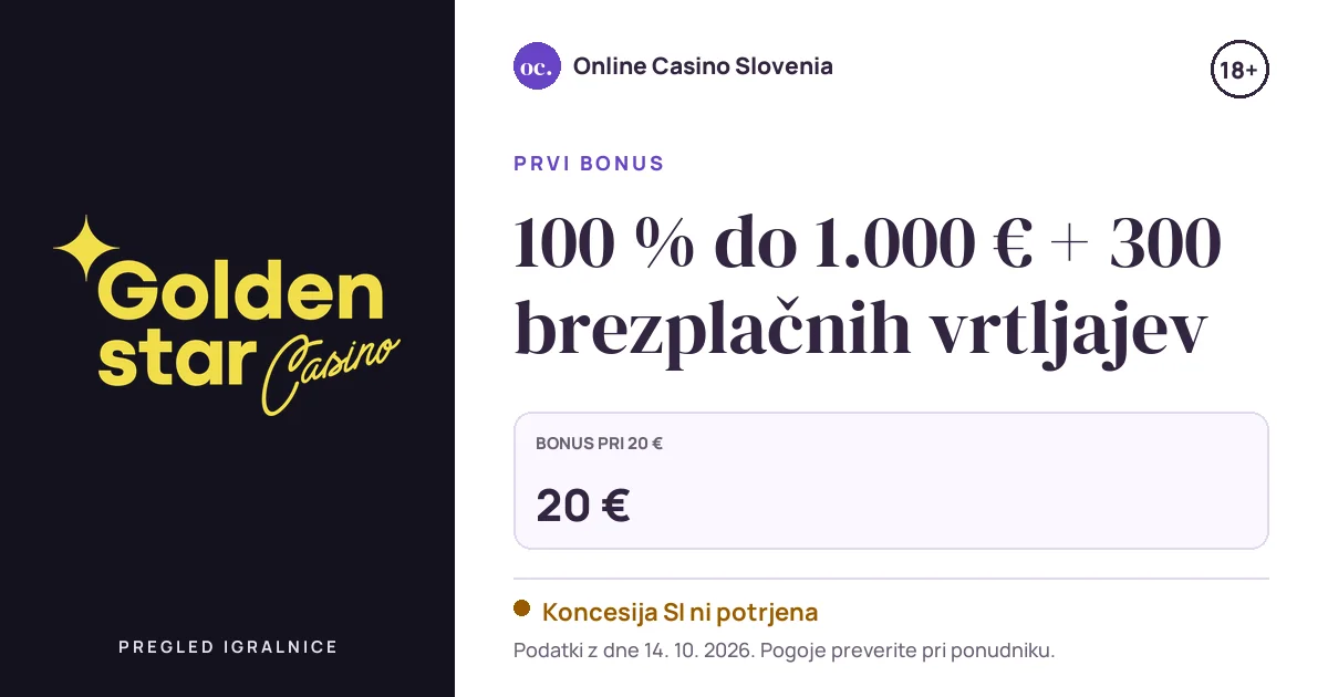 Bonus Goldenstar Casino: 100 % do 1.000 € + 300 brezplačnih vrtljajev