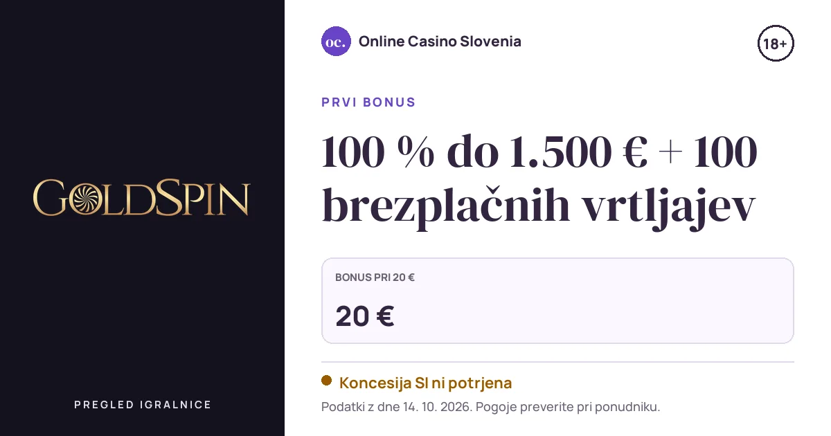 Bonus Goldspin Casino: 100 % do 1.500 € + 100 brezplačnih vrtljajev