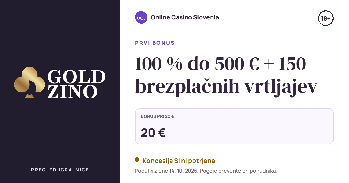 Bonus Goldzino Casino: 100 % do 500 € + 150 brezplačnih vrtljajev