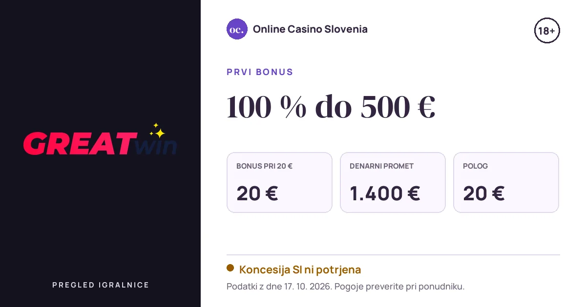 Bonus Greatwin Casino: 100 % do 500 €, polog 20 €, odigravanje 35×