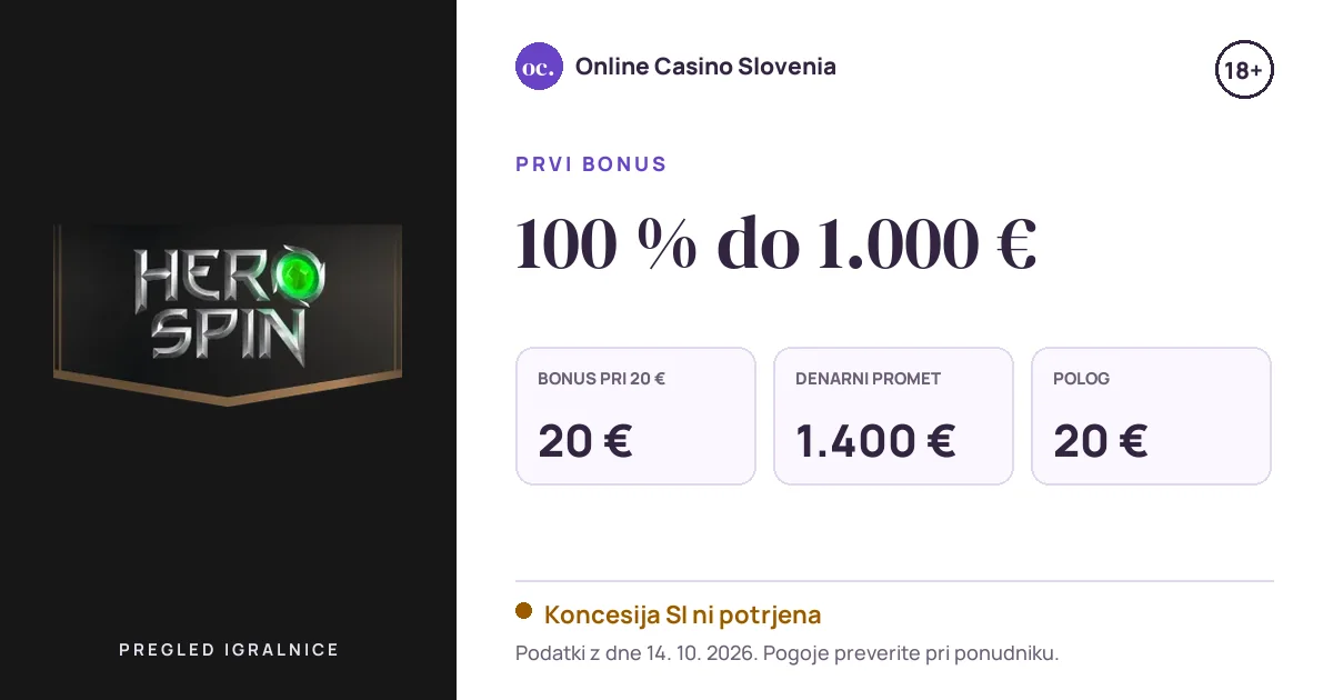 Bonus HeroSpin Casino: 100 % do 1.000 €, polog 20 €, odigravanje 35×
