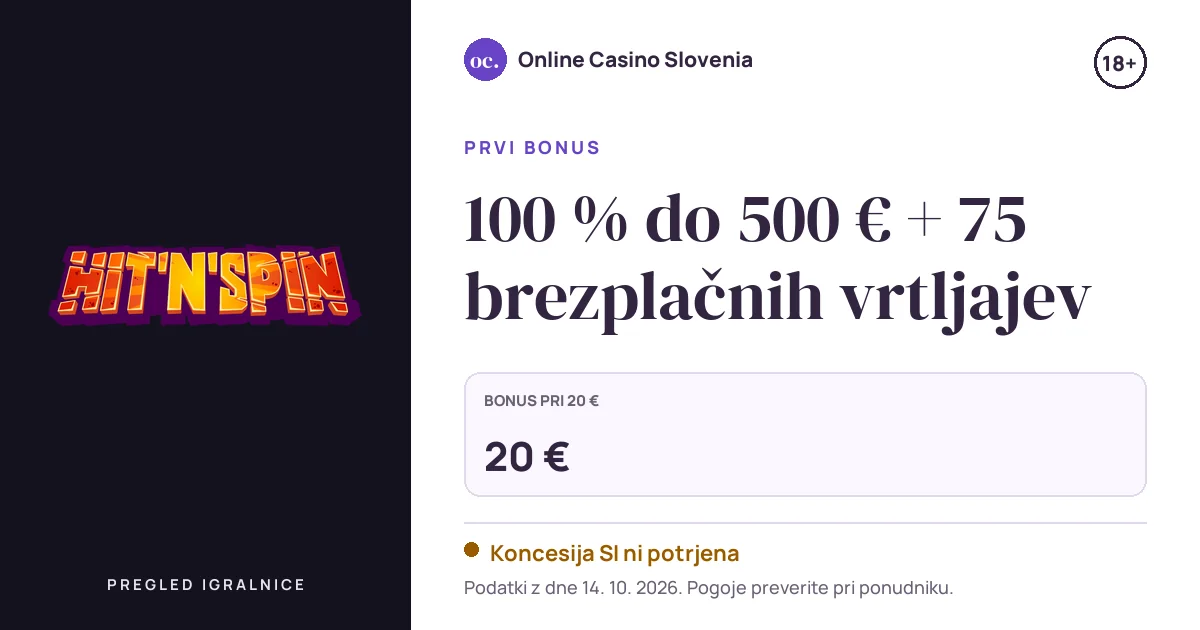 Bonus Hit'n'Spin Casino: 100 % do 500 € + 75 brezplačnih vrtljajev