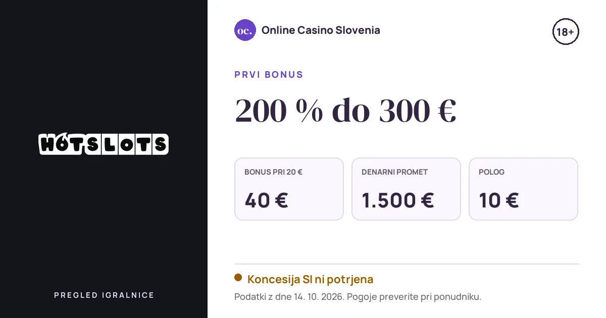 Bonus Hotslots Casino: 200 % do 300 €, polog 10 €, odigravanje 25×