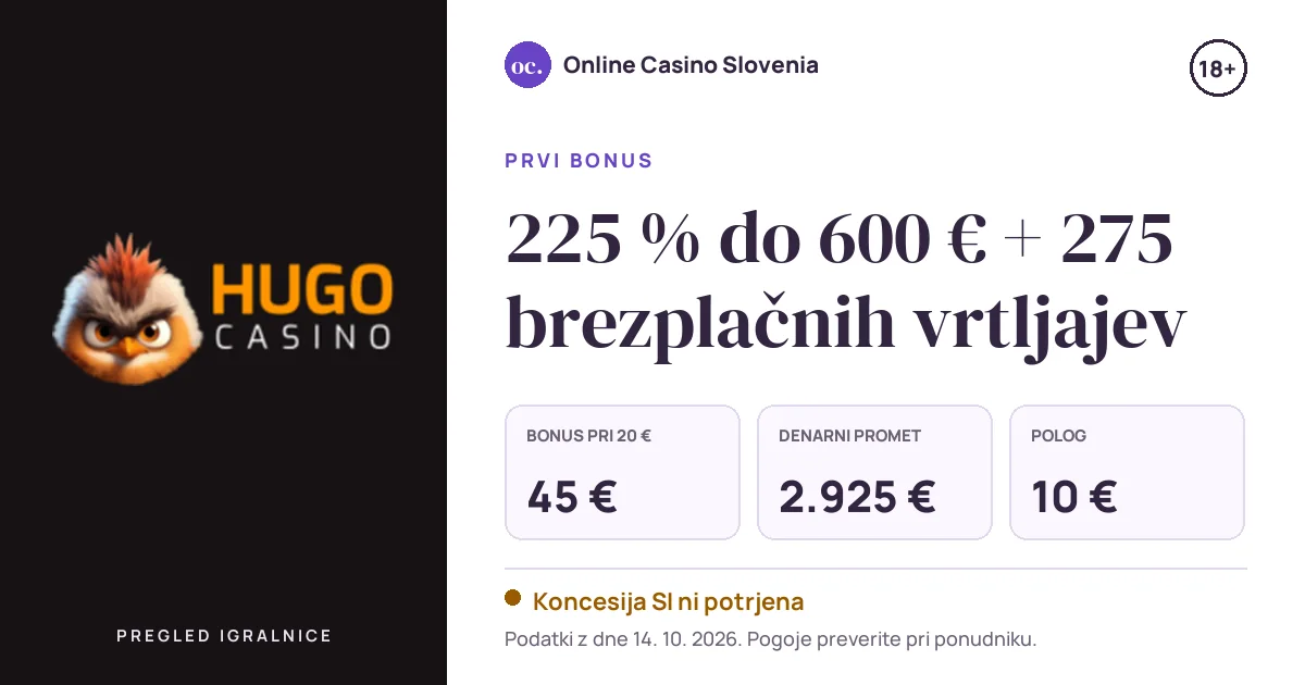 Bonus Hugo: 225 % do 600 € + 275 brezplačnih vrtljajev, polog 10 €, odigravanje 45×