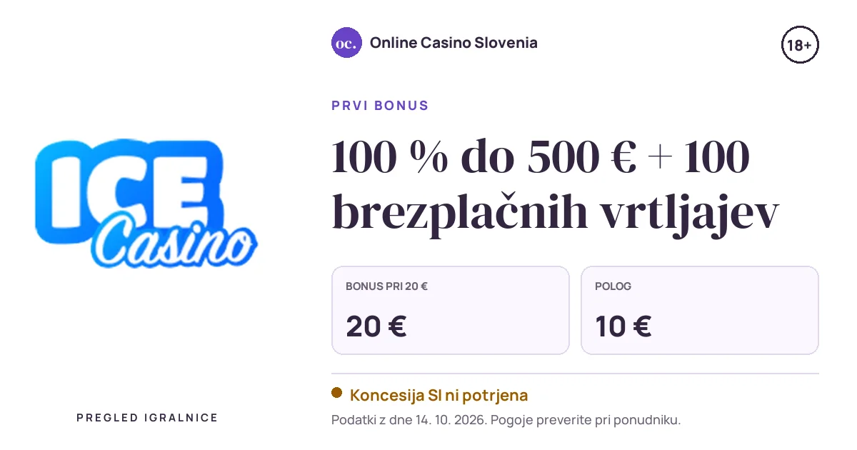 Bonus Ice: 100 % do 500 € + 100 brezplačnih vrtljajev, polog 10 €