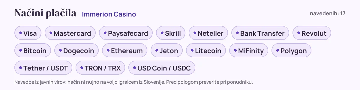 Načini plačila pri Immerion Casino: Visa, Mastercard, Paysafecard, Skrill, Neteller, Bank Transfer in še 11