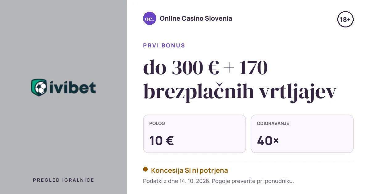 Bonus Ivibet: do 300 € + 170 brezplačnih vrtljajev, polog 10 €, odigravanje 40×