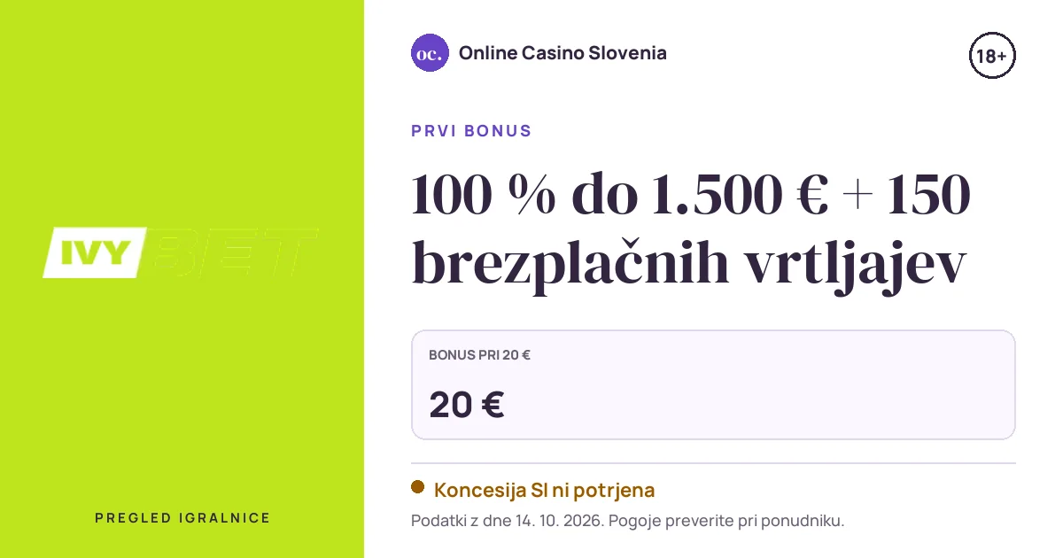 Bonus Ivybet Casino: 100 % do 1.500 € + 150 brezplačnih vrtljajev