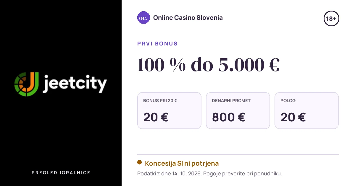 Bonus JeetCity: 100 % do 5.000 €, polog 20 €, odigravanje 40×