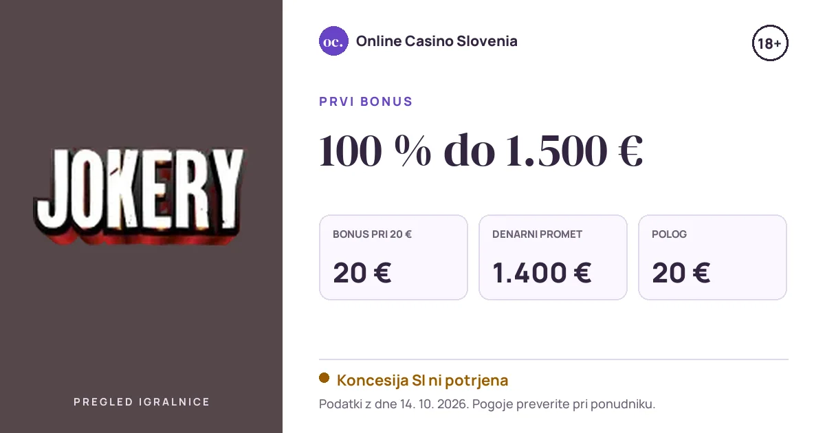 Bonus Jokery Casino: 100 % do 1.500 €, polog 20 €, odigravanje 35×