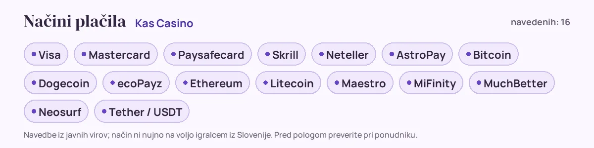 Načini plačila pri Kas Casino: Visa, Mastercard, Paysafecard, Skrill, Neteller, AstroPay in še 10
