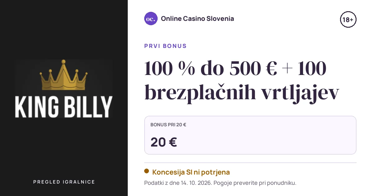 Bonus King Billy: 100 % do 500 € + 100 brezplačnih vrtljajev