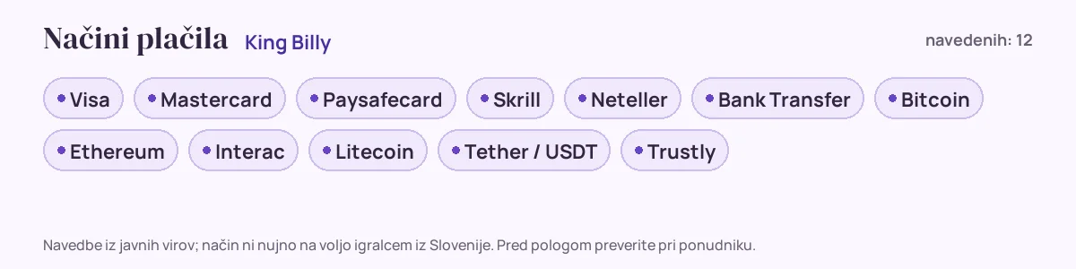 Načini plačila pri King Billy: Visa, Mastercard, Paysafecard, Skrill, Neteller, Bank Transfer in še 6