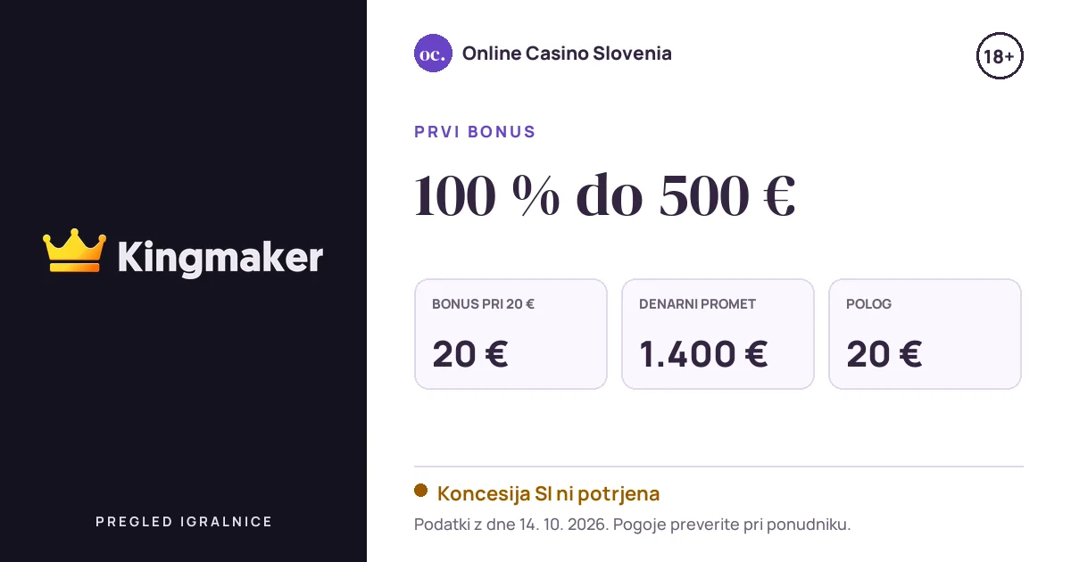 Bonus Kingmaker Casino: 100 % do 500 €, polog 20 €, odigravanje 35×