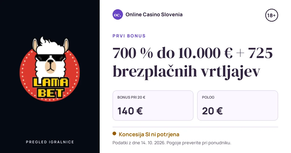 Bonus LamaBet: 700 % do 10.000 € + 725 brezplačnih vrtljajev, polog 20 €