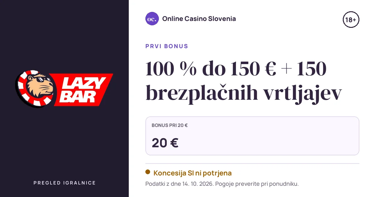Bonus Lazybar Casino: 100 % do 150 € + 150 brezplačnih vrtljajev