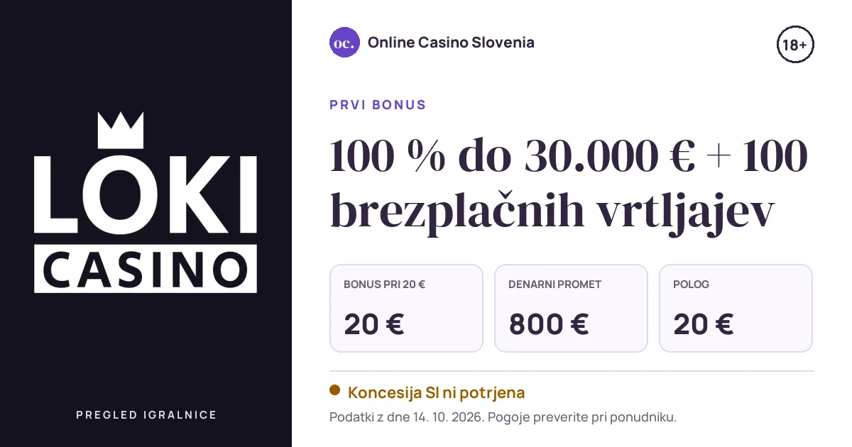 Bonus Loki Casino: 100 % do 30.000 € + 100 brezplačnih vrtljajev, polog 20 €, odigravanje 40×