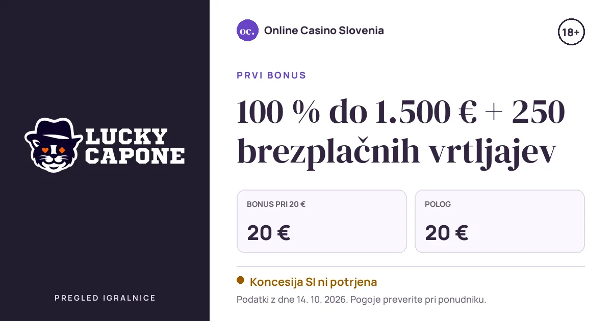 Bonus Lucky Capone Casino: 100 % do 1.500 € + 250 brezplačnih vrtljajev, polog 20 €