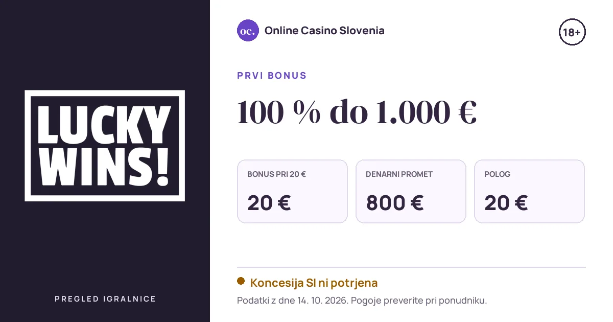 Bonus LuckyWins Casino: 100 % do 1.000 €, polog 20 €, odigravanje 40×