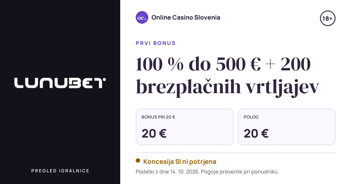 Bonus Lunubet: 100 % do 500 € + 200 brezplačnih vrtljajev, polog 20 €