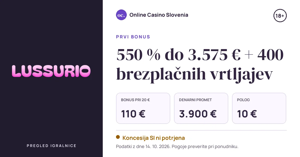 Bonus Lussurio Casino: 550 % do 3.575 € + 400 brezplačnih vrtljajev, polog 10 €, odigravanje 30×