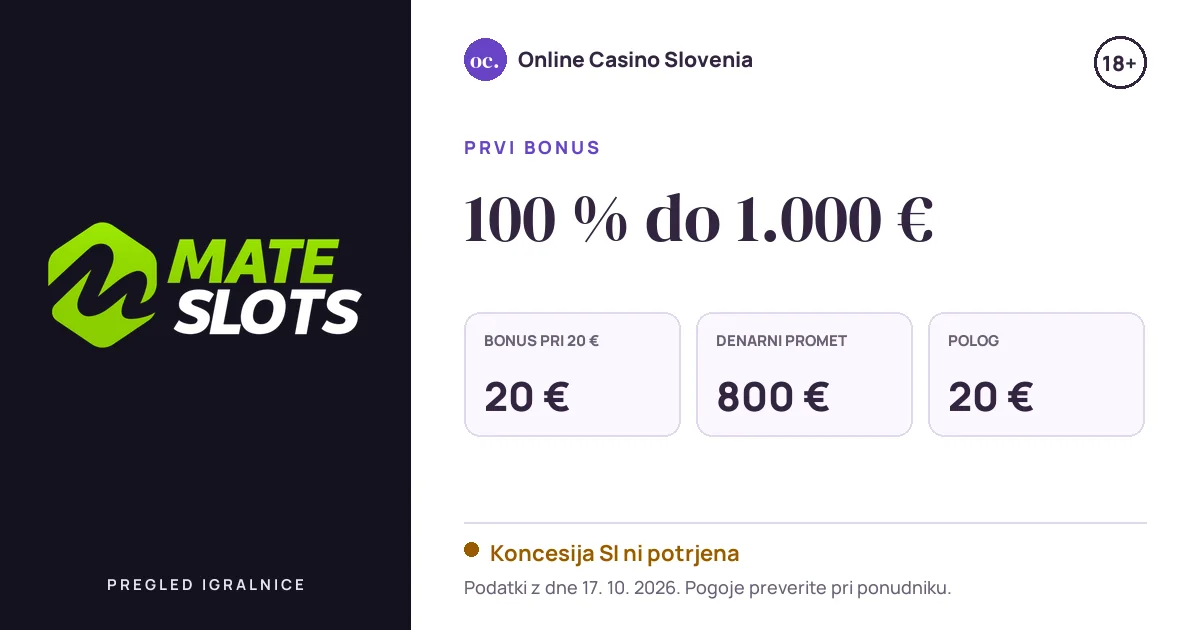 Bonus Mateslots Casino: 100 % do 1.000 €, polog 20 €, odigravanje 40×