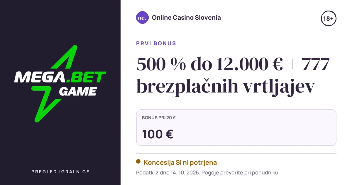 Bonus Megabet Casino: 500 % do 12.000 € + 777 brezplačnih vrtljajev