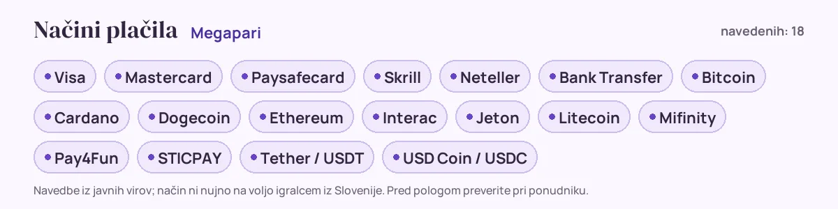 Načini plačila pri Megapari: Visa, Mastercard, Paysafecard, Skrill, Neteller, Bank Transfer in še 12