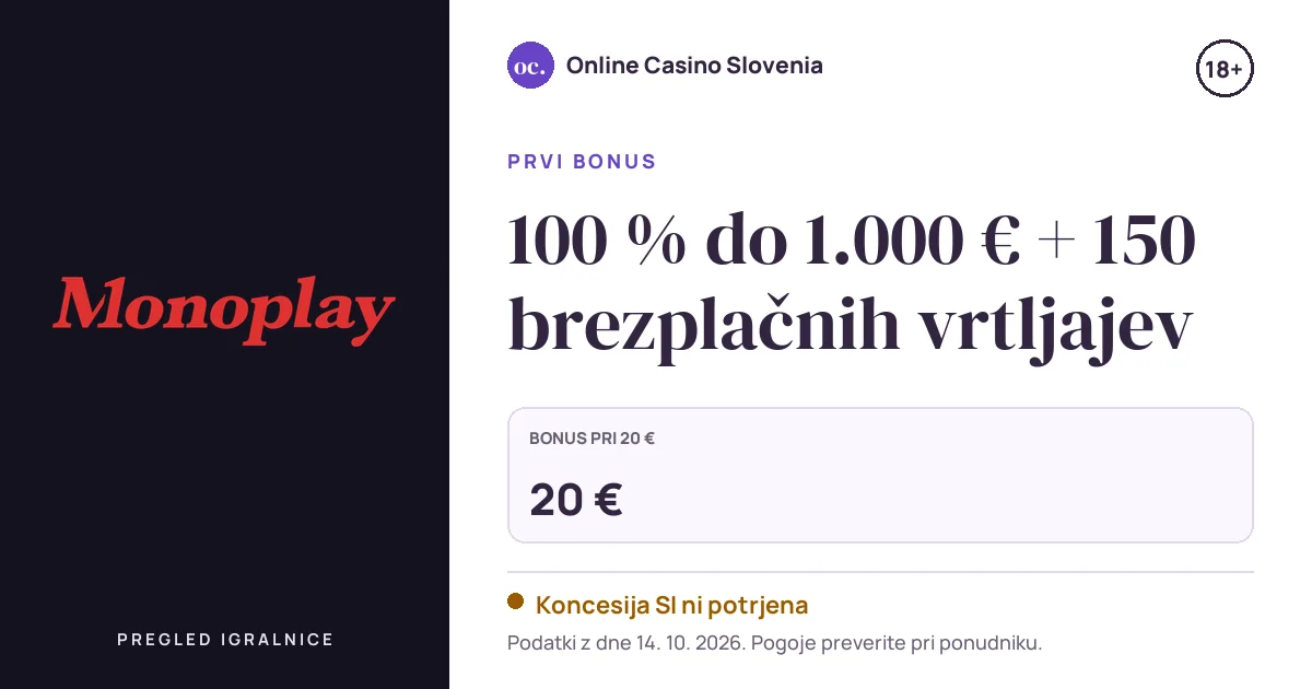 Bonus Monoplay Casino: 100 % do 1.000 € + 150 brezplačnih vrtljajev