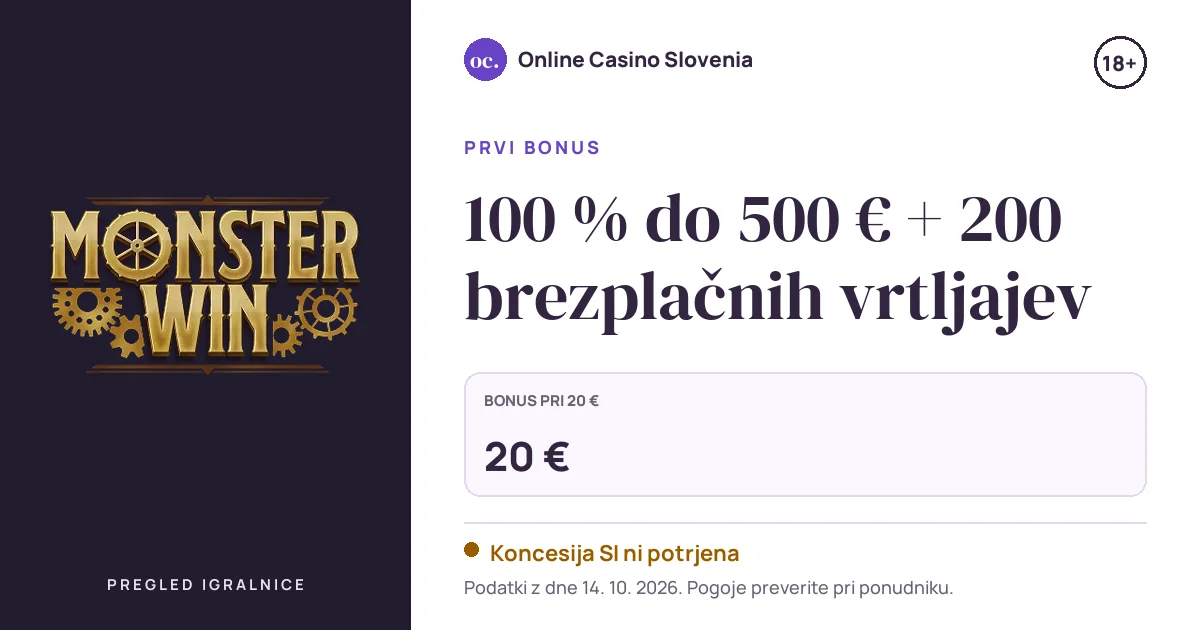 Bonus Monsterwin Casino: 100 % do 500 € + 200 brezplačnih vrtljajev