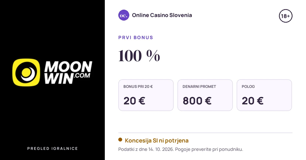 Bonus MoonWin: 100 %, polog 20 €, odigravanje 40×