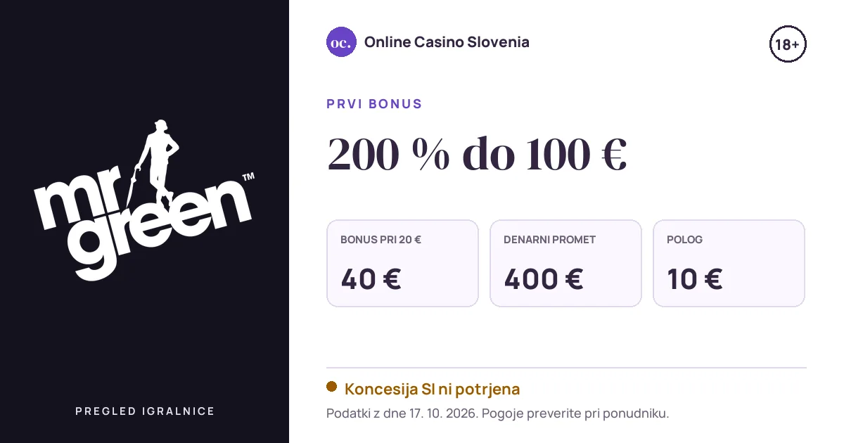 Bonus Mr Green Casino: 200 % do 100 €, polog 10 €, odigravanje 10×