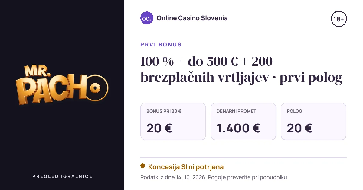 Bonus MrPacho: 100 % + do 500 € + 200 brezplačnih vrtljajev · prvi polog, polog 20 €, odigravanje 35×