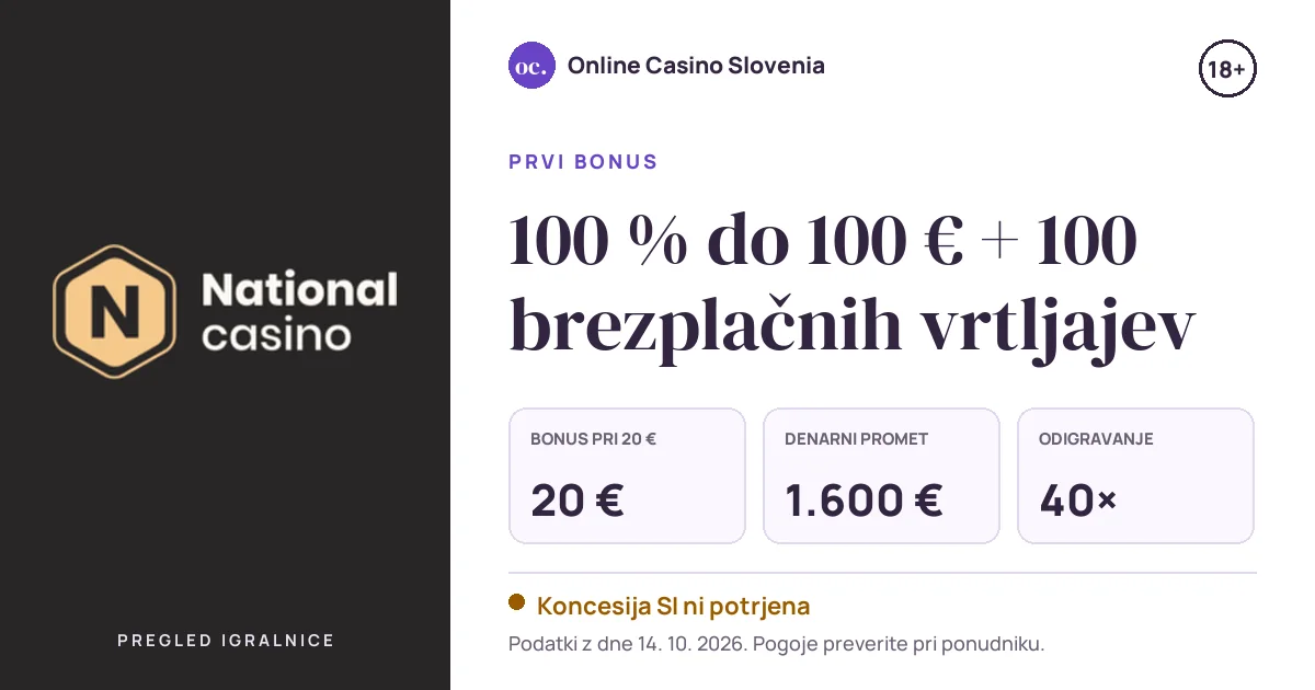 Bonus NationalCasino: 100 % do 100 € + 100 brezplačnih vrtljajev, odigravanje 40×