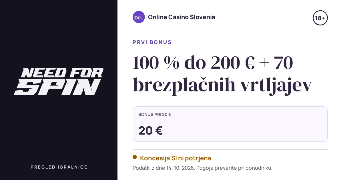 Bonus Need For Spin Casino: 100 % do 200 € + 70 brezplačnih vrtljajev