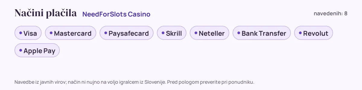 Načini plačila pri NeedForSlots Casino: Visa, Mastercard, Paysafecard, Skrill, Neteller, Bank Transfer in še 2