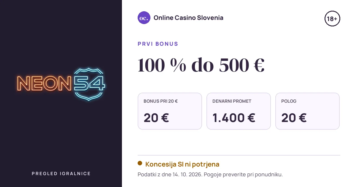 Bonus Neon54 Casino: 100 % do 500 €, polog 20 €, odigravanje 35×