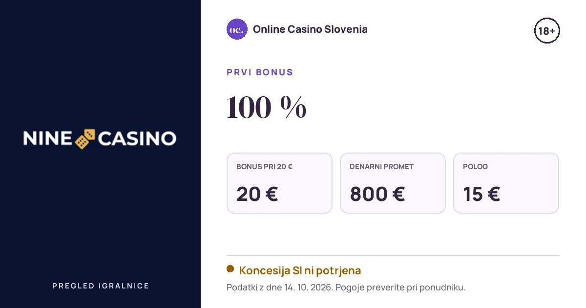 Bonus Nine: 100 %, polog 15 €, odigravanje 40×