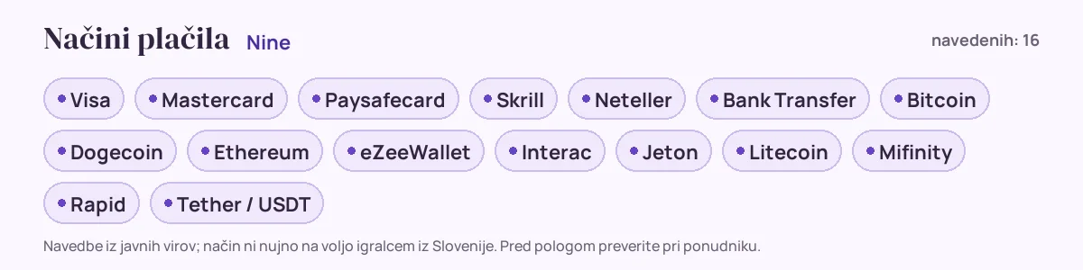 Načini plačila pri Nine: Visa, Mastercard, Paysafecard, Skrill, Neteller, Bank Transfer in še 10